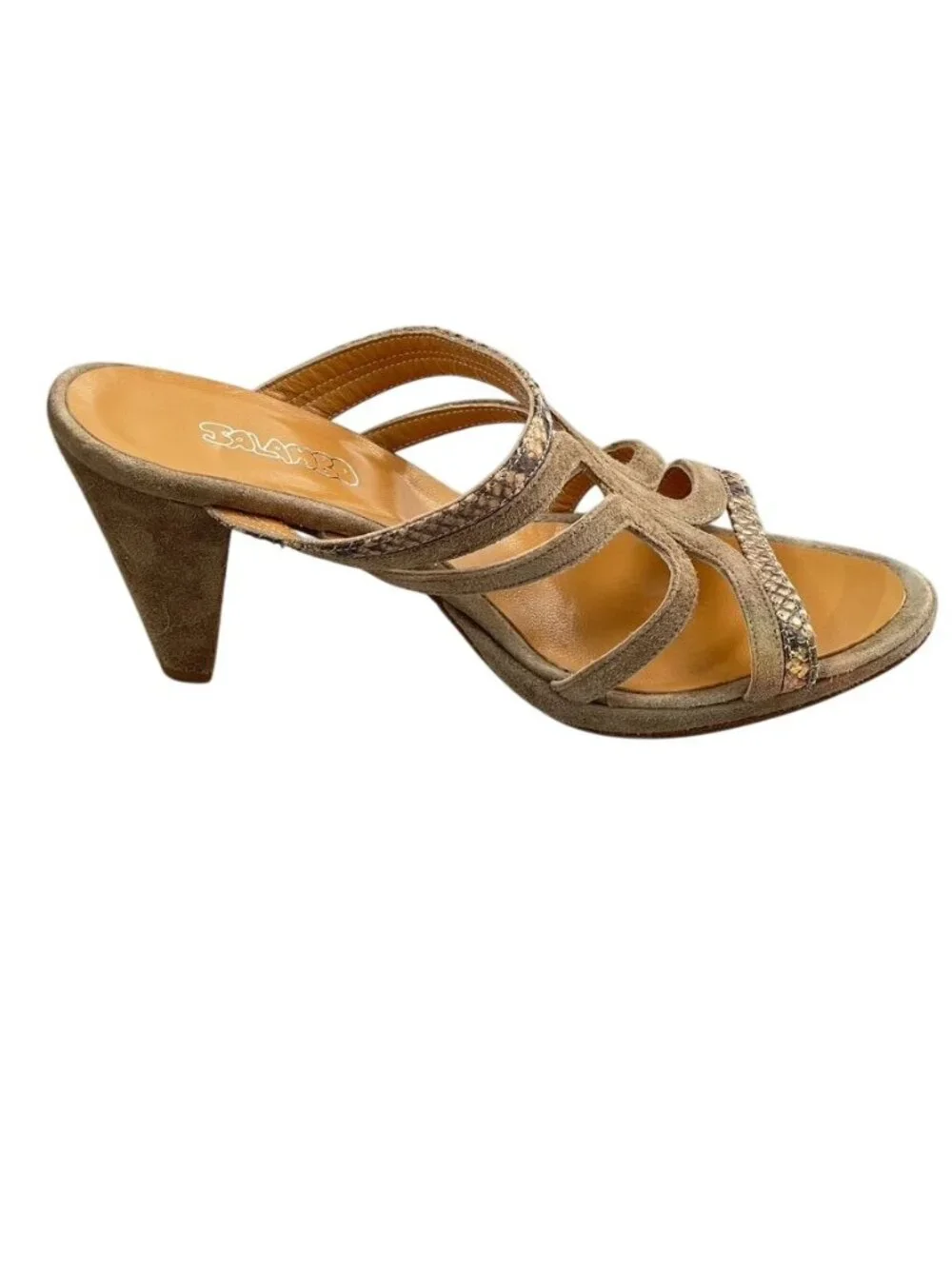 SALAMBO Shoes Mules Heel Sandals Suede w/ Snake Women's Size Eu 39 US 8.5